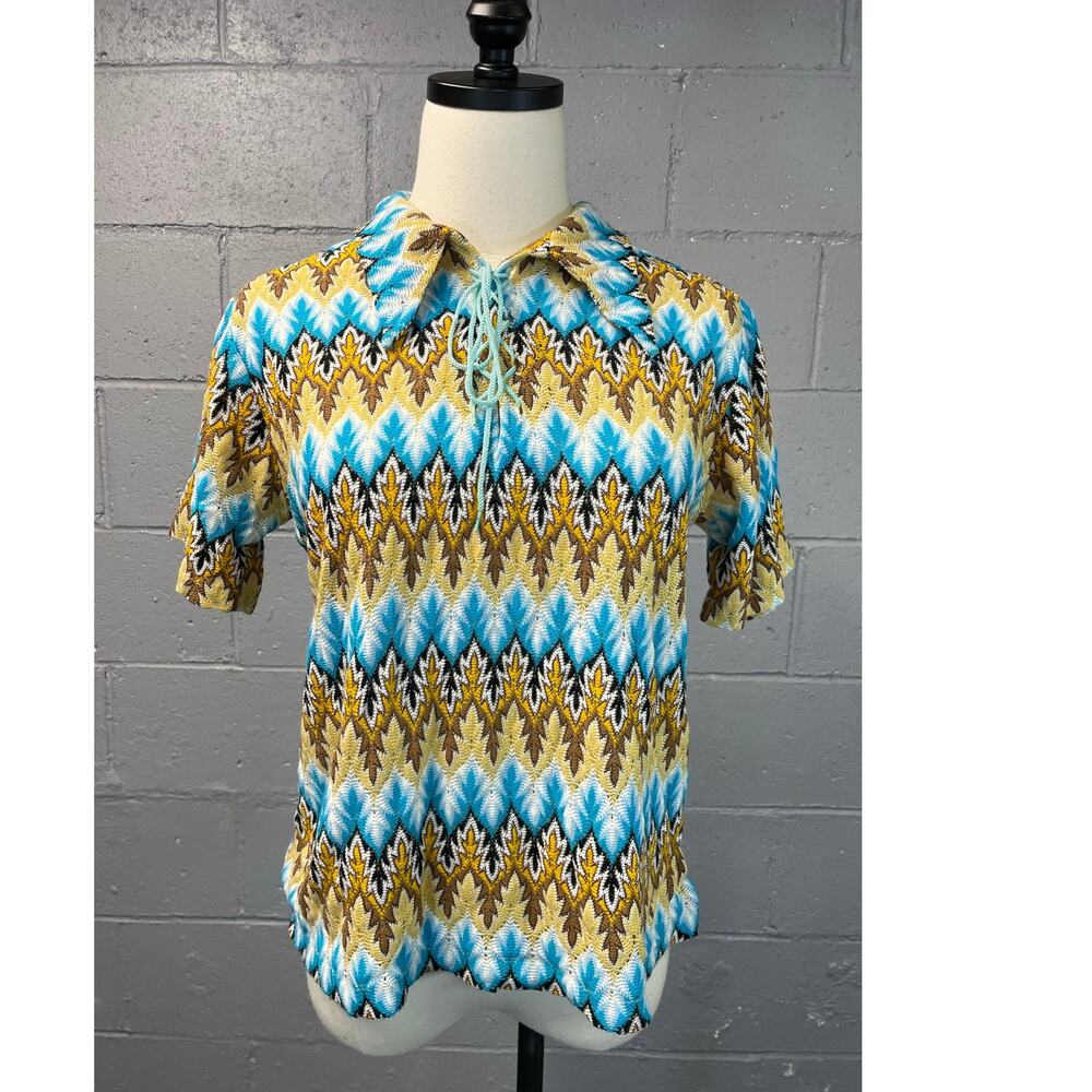 Vintage 60s Psychedelic Chevron Novelty Knit Short Sleeve Shirt Lace Up Med - Picture 4 of 10